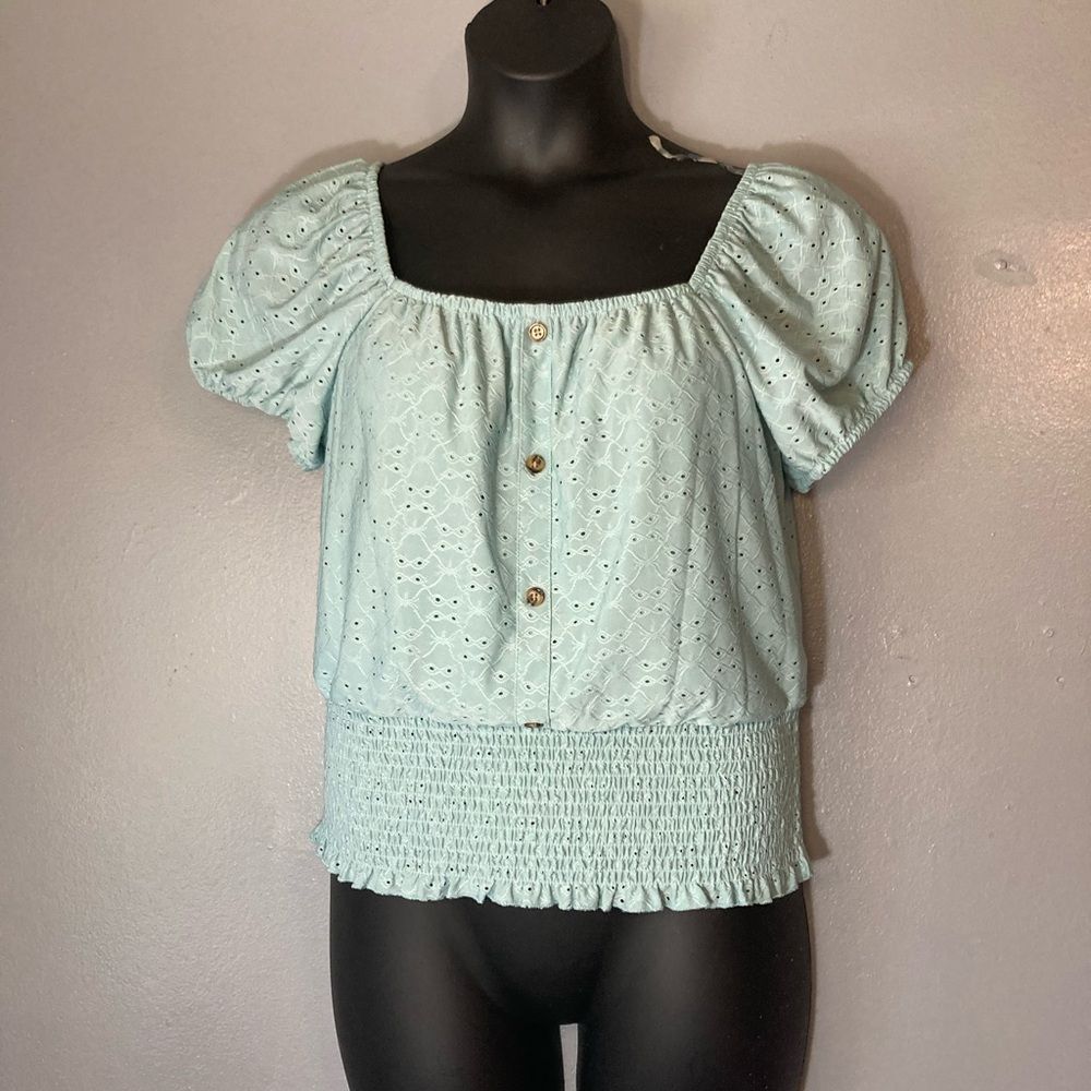 Crave Fame green floral off shoulder eyelet blouse